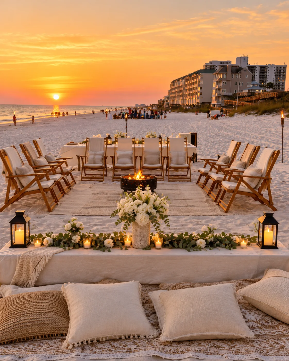Bonfire setup with chairs and a low dinner table on the sand at sunset