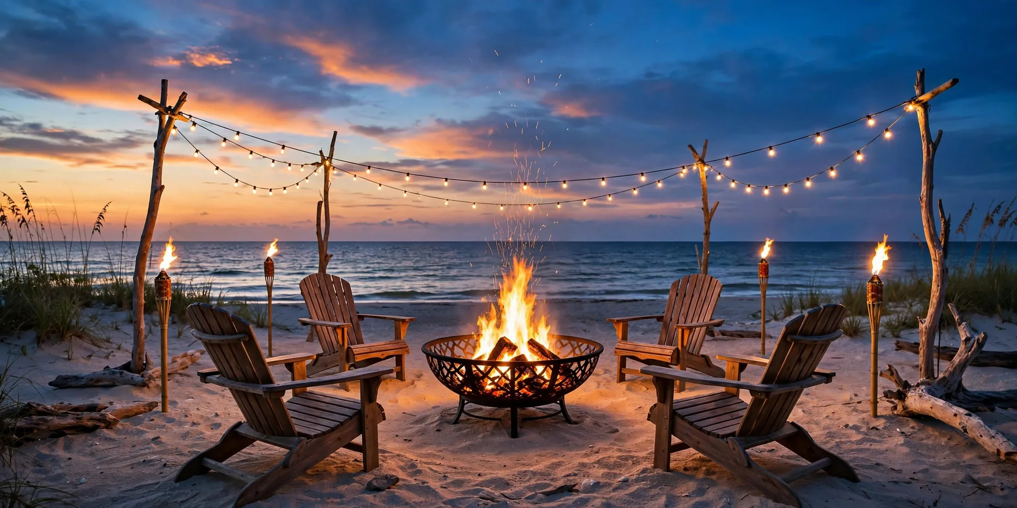 Four Adirondack chairs around a glowing fire pit on the sand at dusk, with string lights and tiki torches