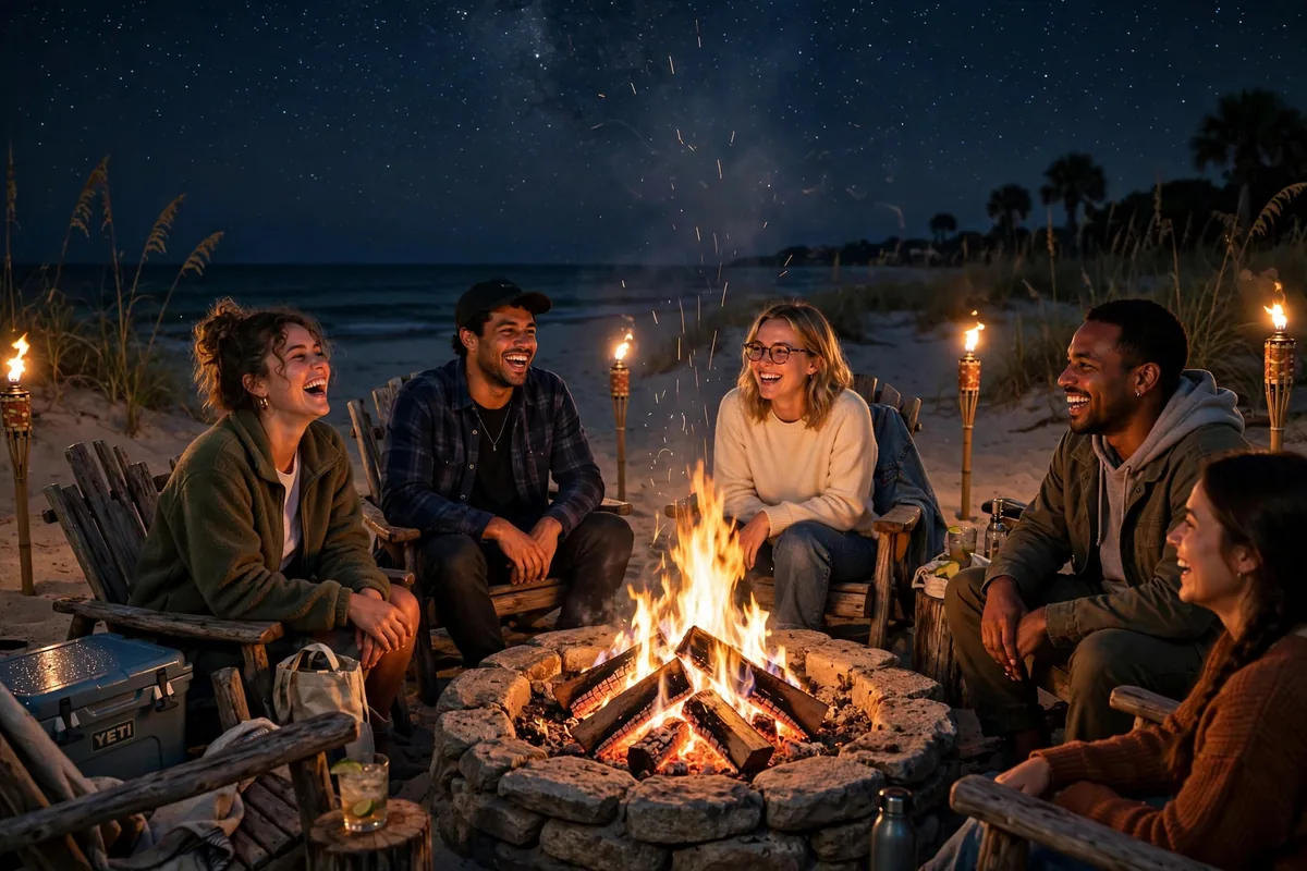 Beachy Escape bonfire setup on the beach