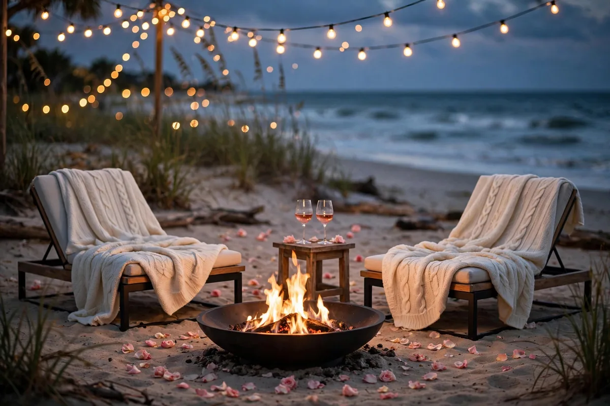 Beachy Couples bonfire setup on the beach