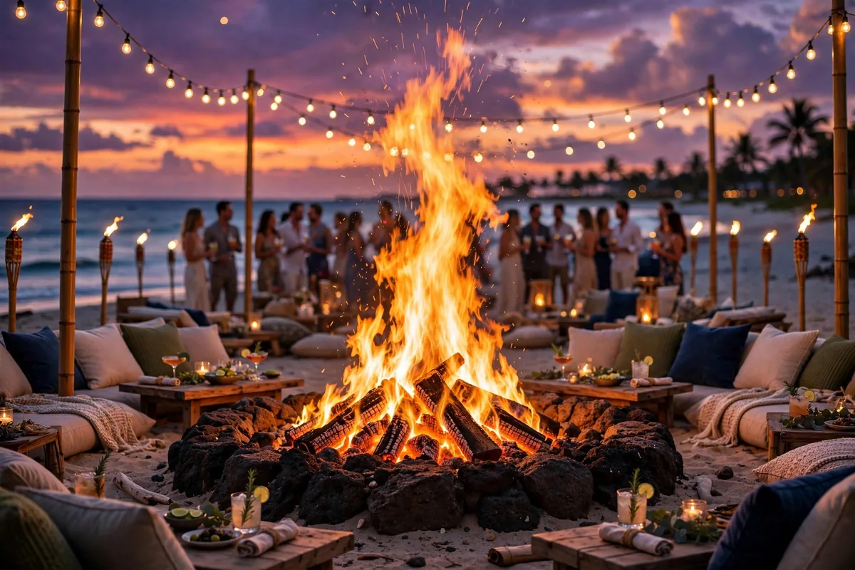 A big beach bonfire with string lights and lounge seating at sunset