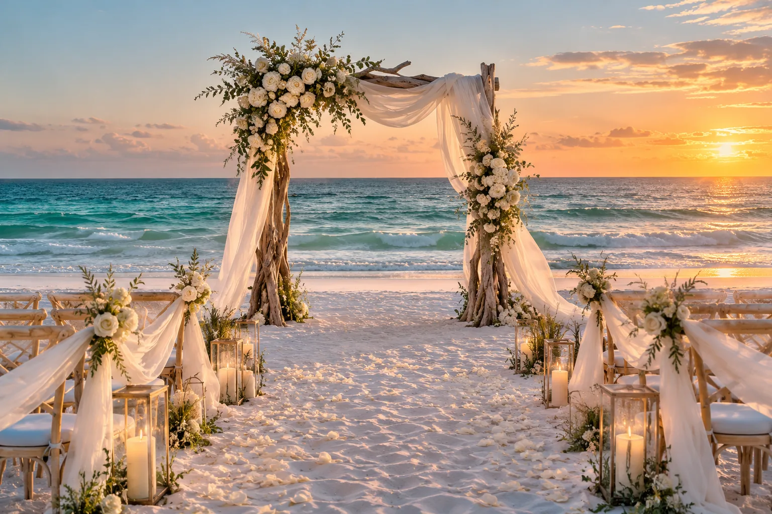 Beach wedding arbor and aisle on white sand at sunset